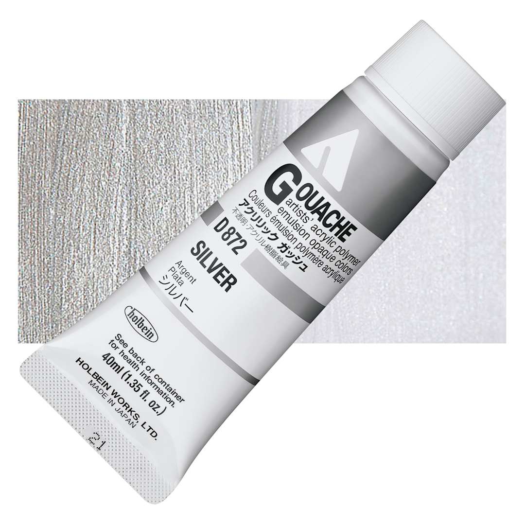 Open in modal - Holbein Acrylic Gouache - Silver, 40 ml tube and swatch
