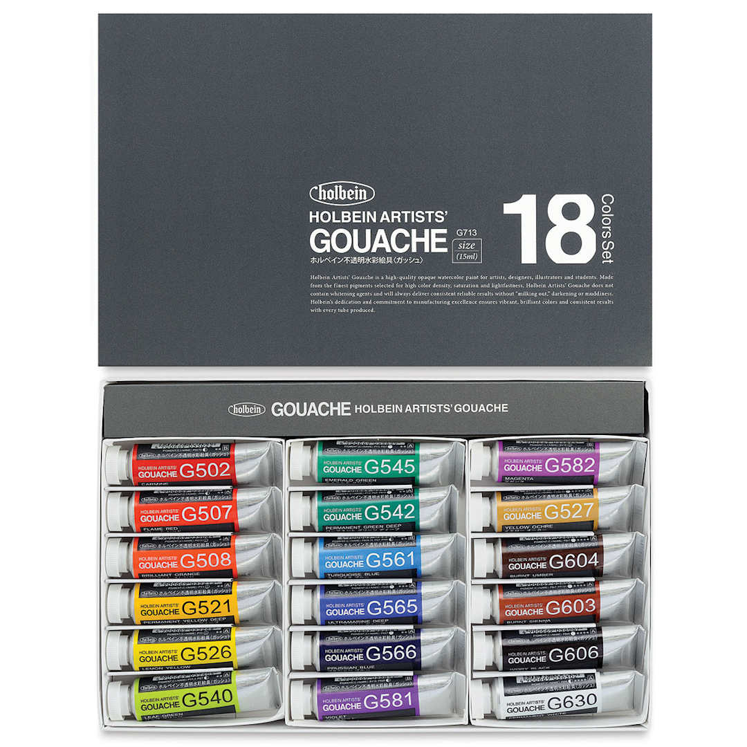 Open in modal - Holbein Artists' Gouache - Set of 18, Assorted Colors, 15 ml Tubes