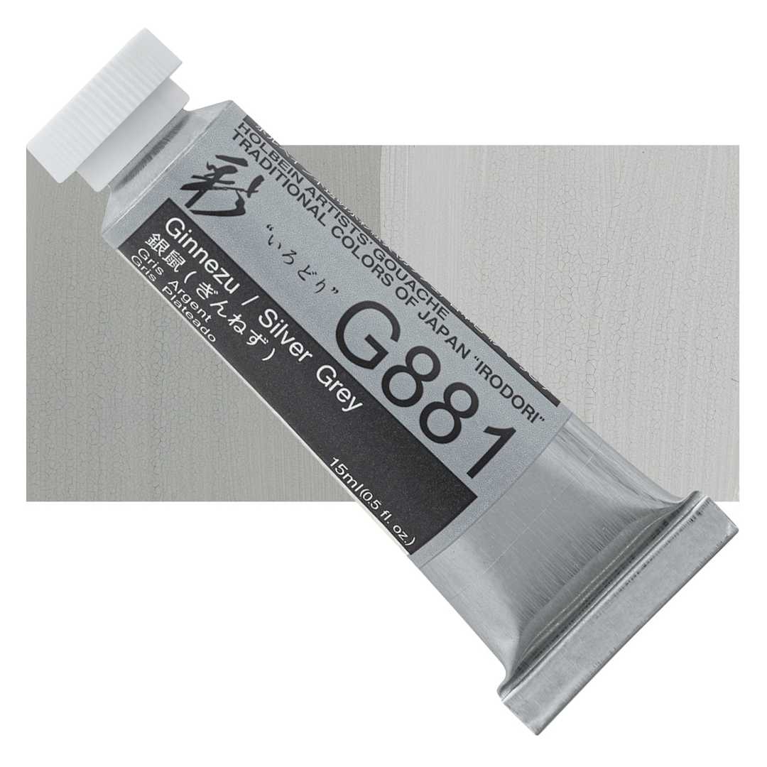 Open in modal - Holbein Irodori Artist Gouache - Silver Grey, 15 ml, Tube and swatch