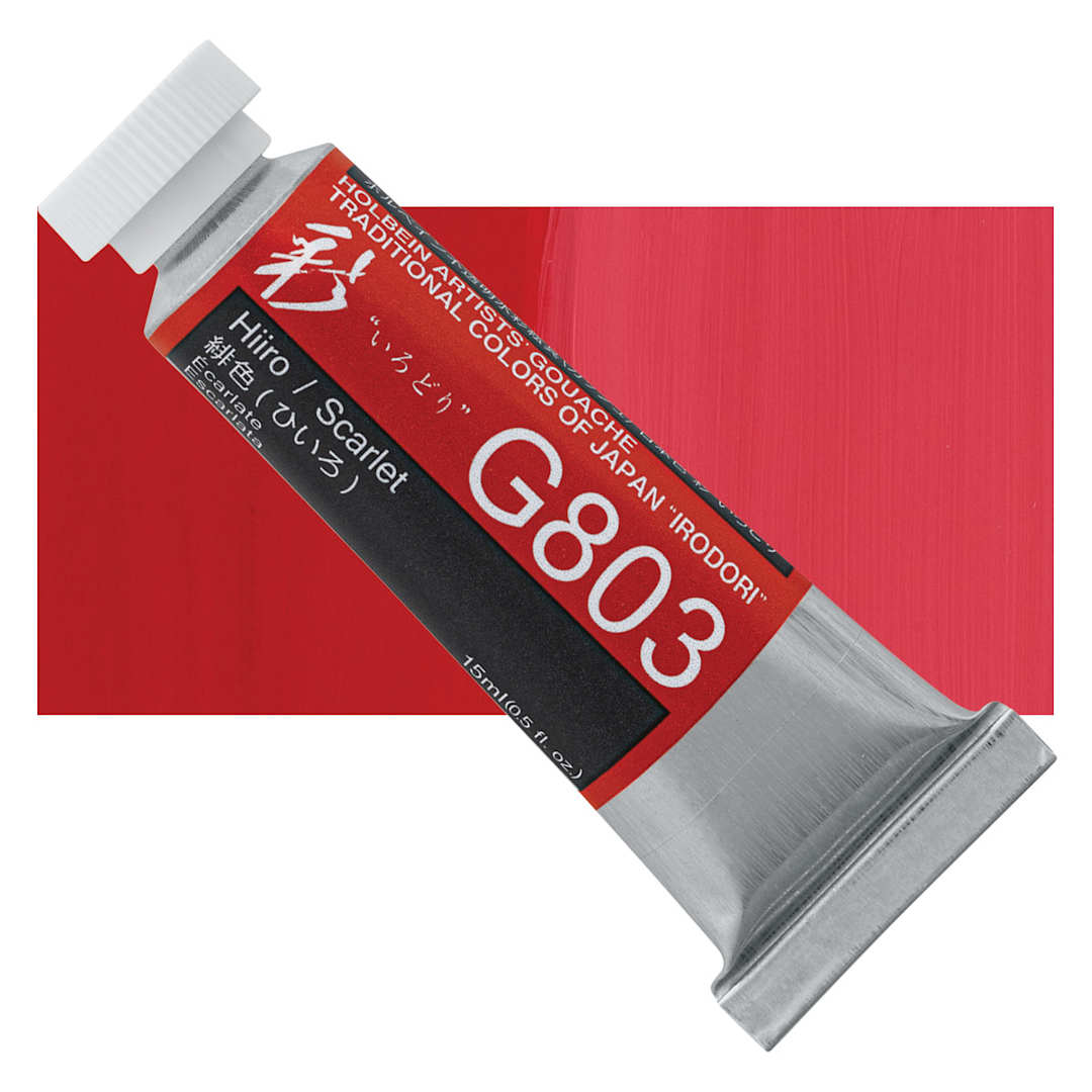Open in modal - Holbein Irodori Artist Gouache - Scarlet, 15 ml, Tube and swatch