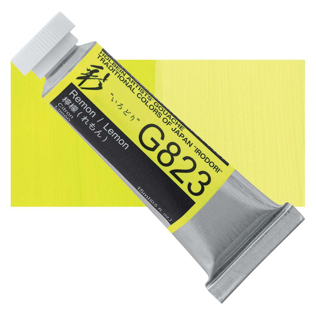 Open in modal - Holbein Irodori Artist Gouache - Lemon, 15 ml, Tube and swatch