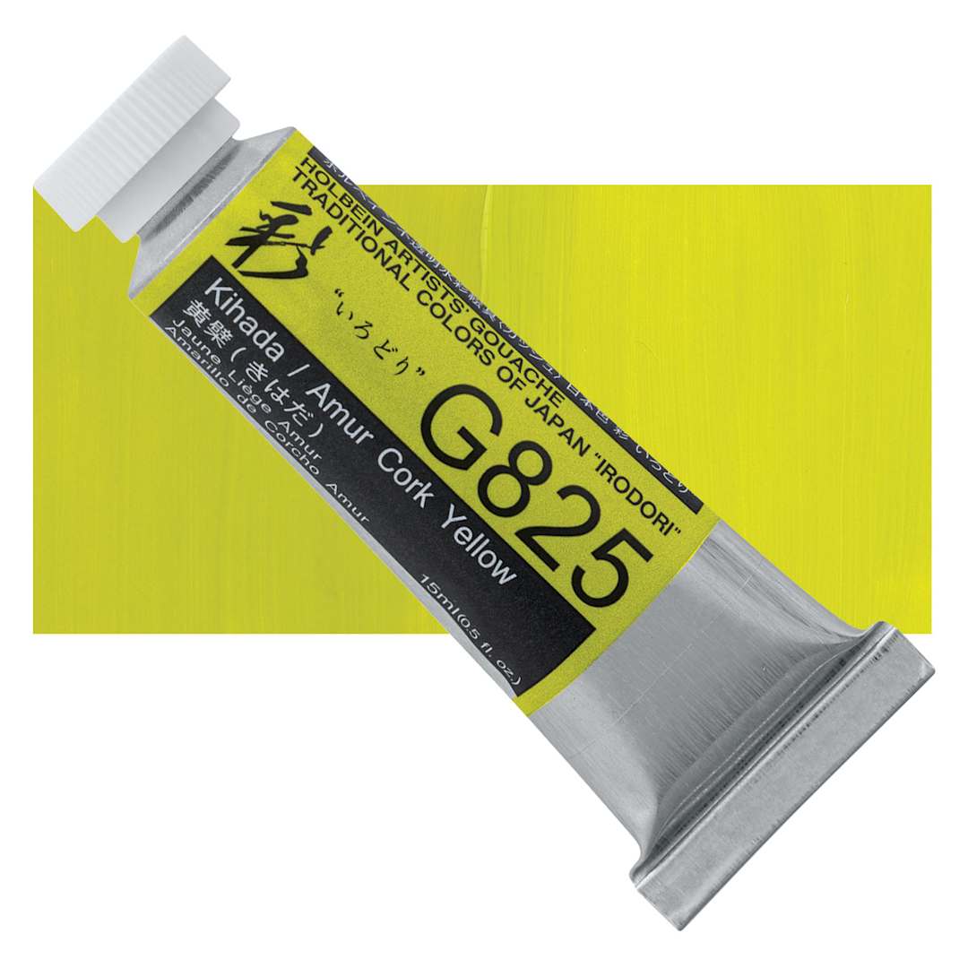 Open in modal - Holbein Irodori Artist Gouache - Amur Cork Yellow, 15 ml, Tube and swatch