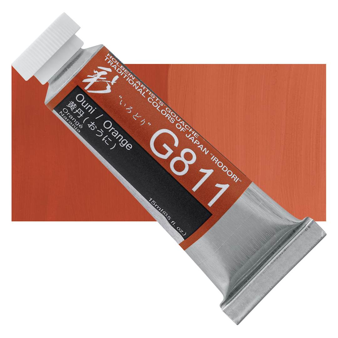 Open in modal - Holbein Irodori Artist Gouache - Orange, 15 ml, Tube and swatch