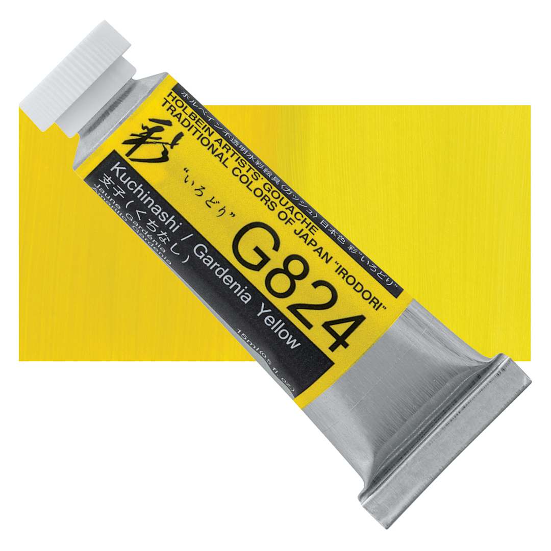 Open in modal - Holbein Irodori Artist Gouache - Gardenia Yellow, 15 ml, Tube and swatch