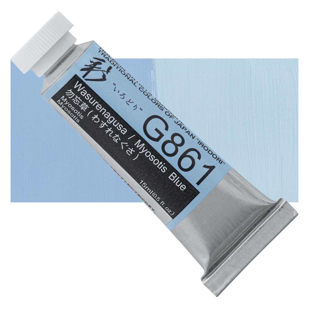 Open in modal - Holbein Irodori Artist Gouache - Myosotis Blue, 15 ml, Tube and swatch