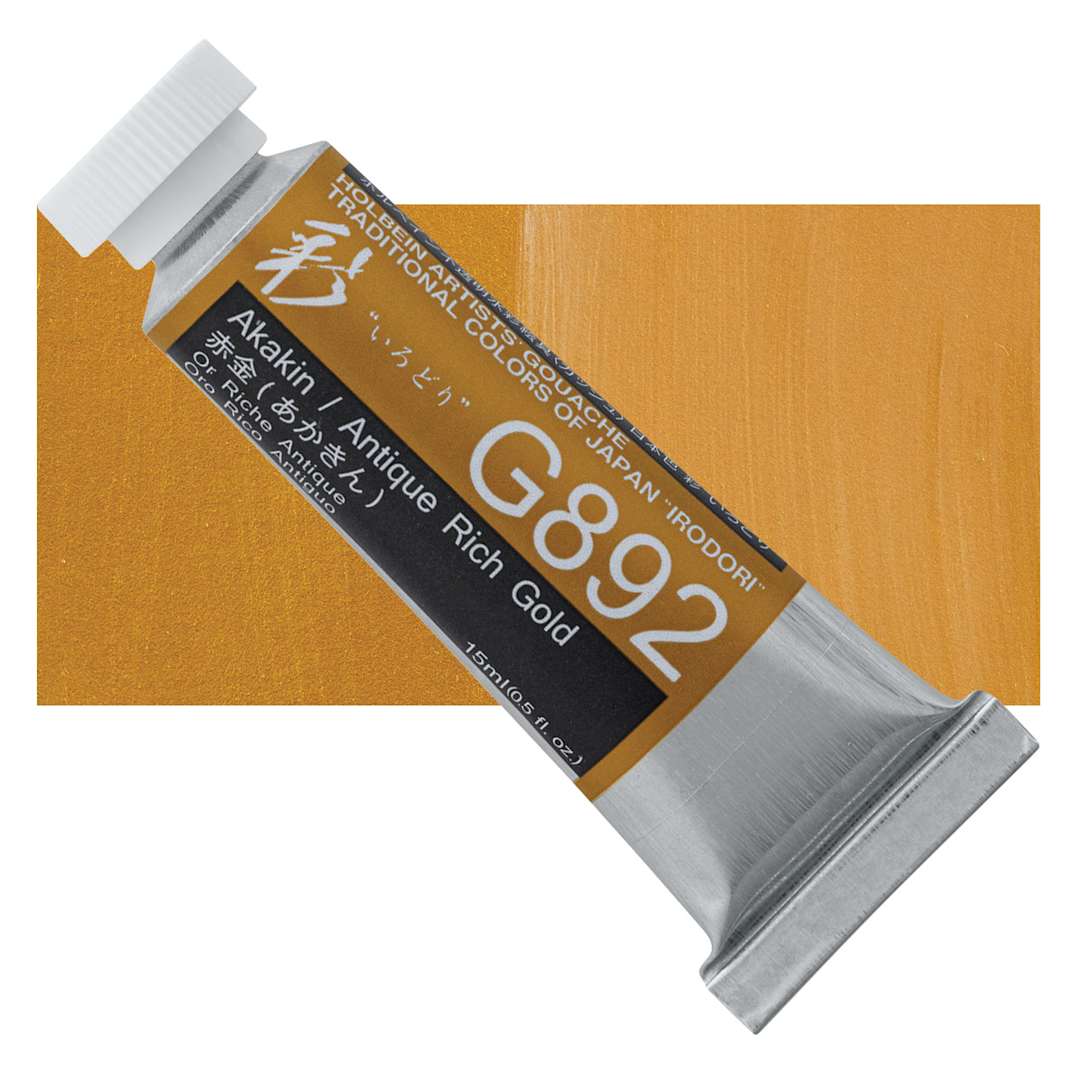 Open in modal - Holbein Irodori Artist Gouache - Antique Rich Gold, 15 ml, Tube and swatch
