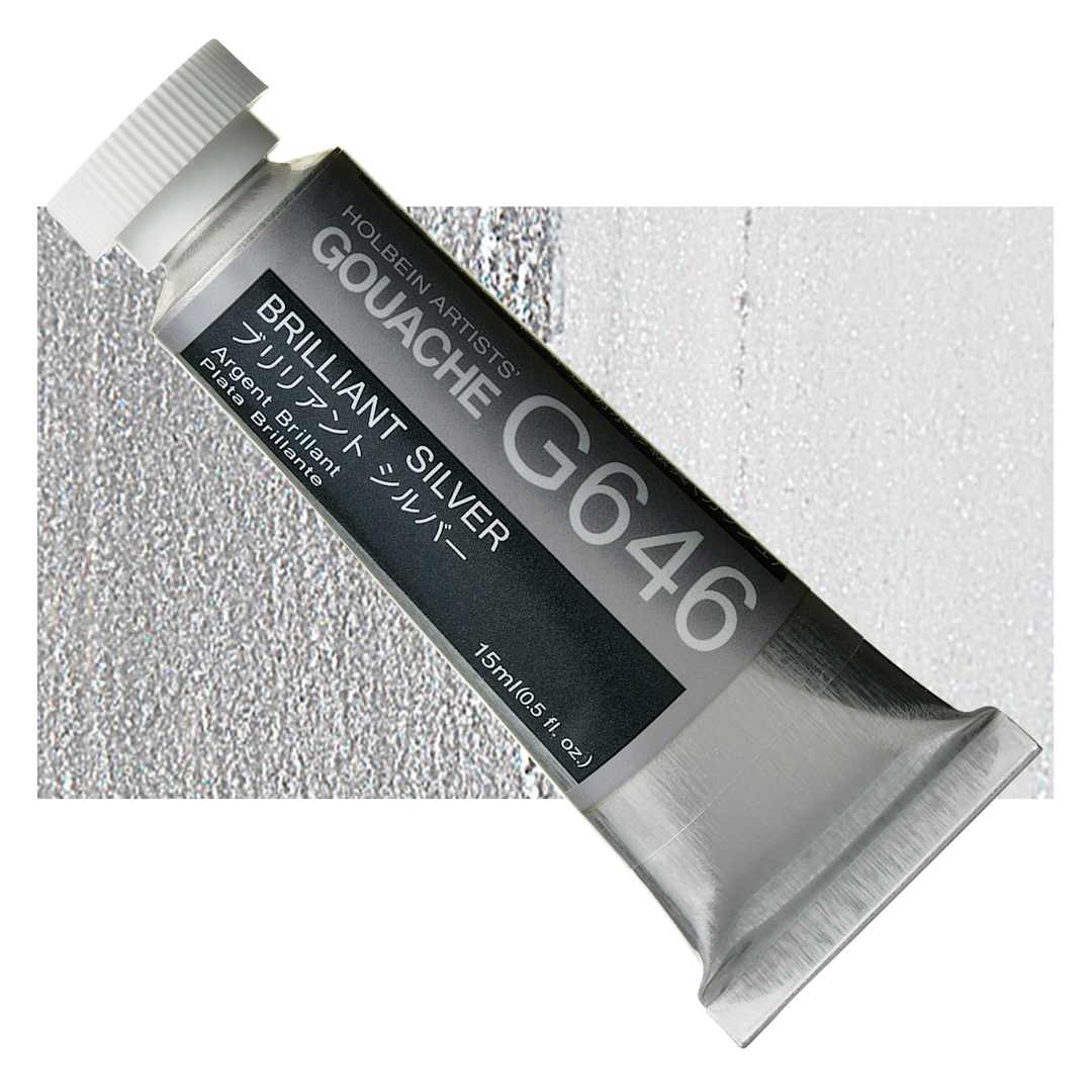 Open in modal - Holbein Artists' Gouache - Brilliant Silver, 15 ml tube and swatch