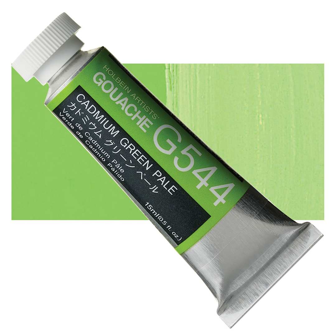 Open in modal - Holbein Artists' Gouache - Cadmium Green Pale, 15 ml tube and swatch