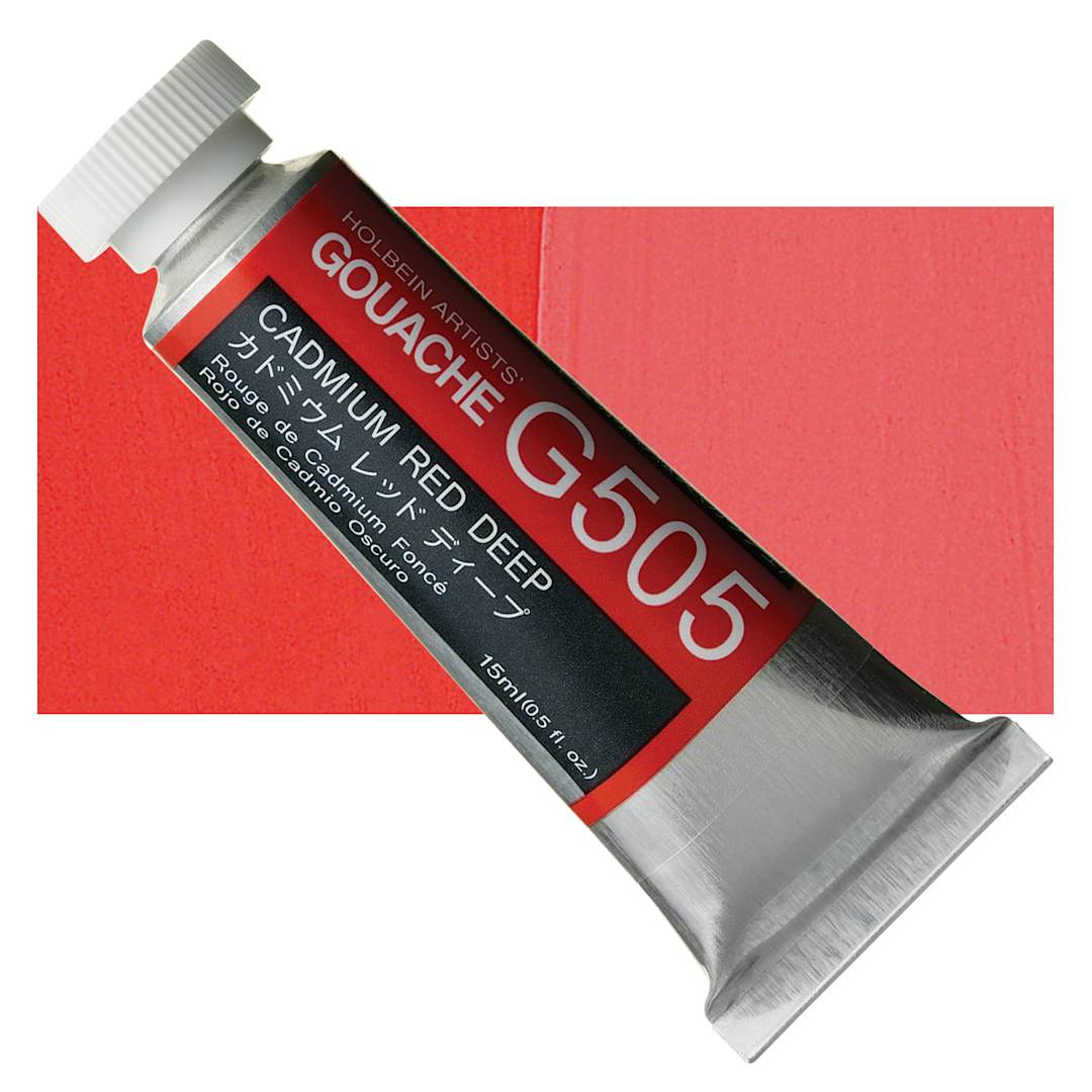 Open in modal - Holbein Artists' Gouache - Cadmium Red Deep, 15 ml tube and swatch