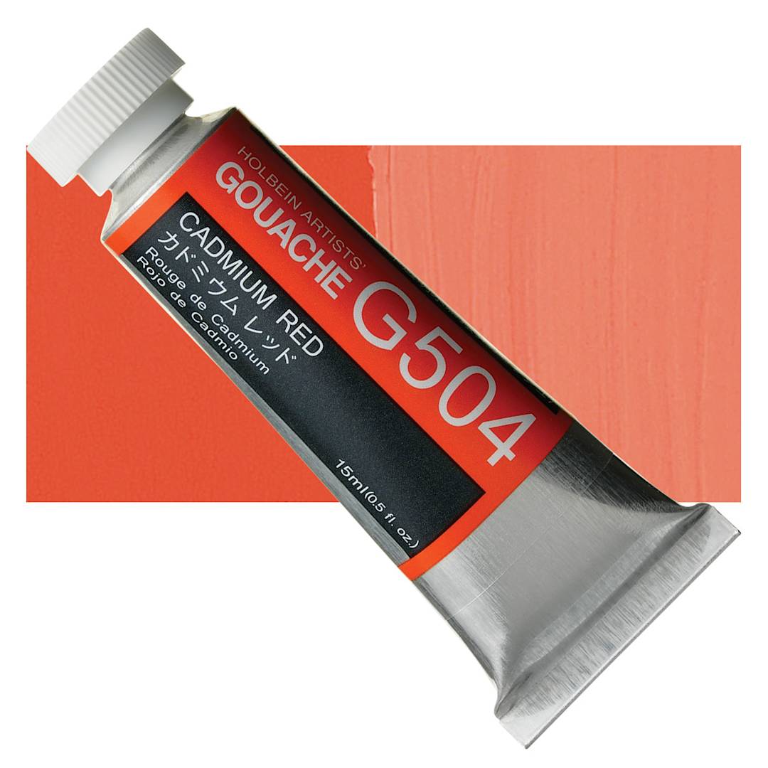 Open in modal - Holbein Artists' Gouache - Cadmium Red, 15 ml tube and swatch