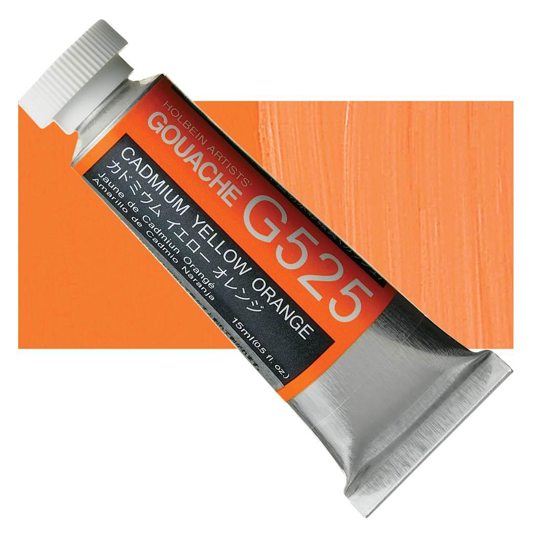 Open in modal - Holbein Artists' Gouache - Cadmium Yellow Orange, 15 ml tube and swatch