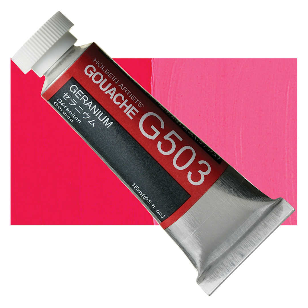 Open in modal - Holbein Artists' Gouache - Geranium Primary, 15 ml tube and swatch