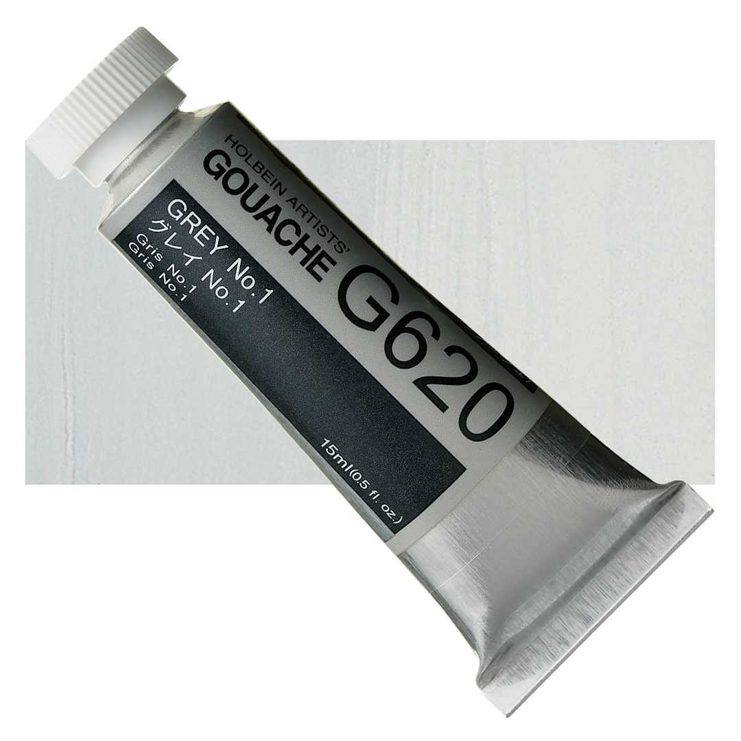 Open in modal - Holbein Artists' Gouache - Gray 1, 15 ml tube and swatch