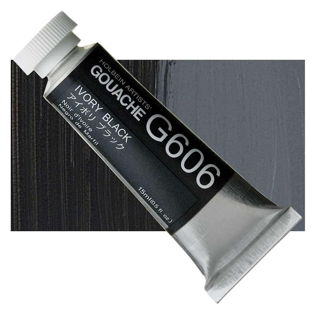 Open in modal - Holbein Artists' Gouache - Ivory Black, 15 ml tube and swatch