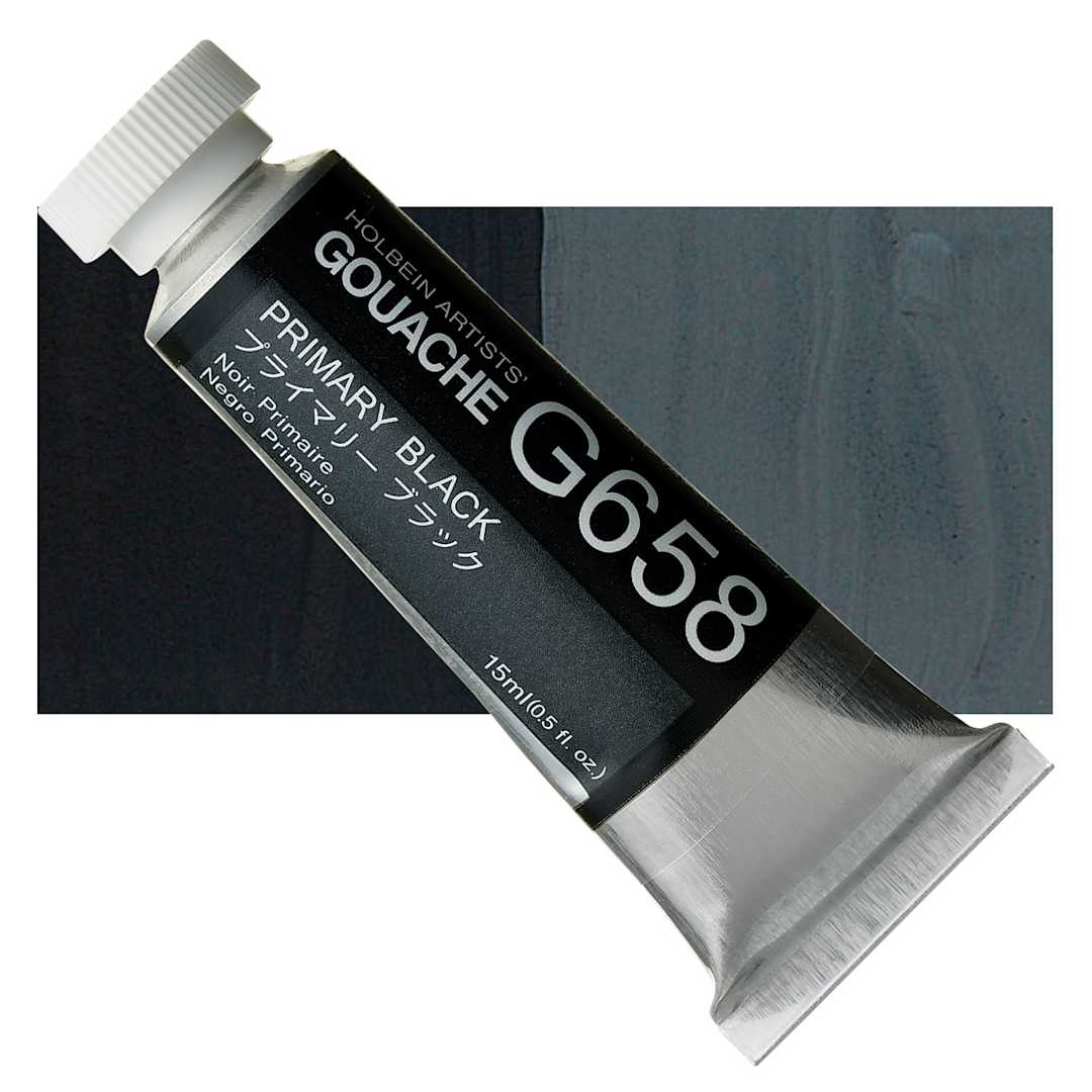 Open in modal - Holbein Artists' Gouache - Primary Black, 15 ml tube and swatch