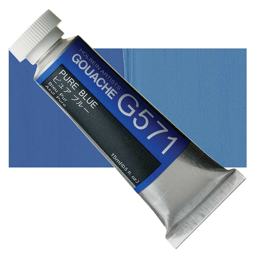 Open in modal - Holbein Artists' Gouache - Pure Blue, 15 ml tube and swatch