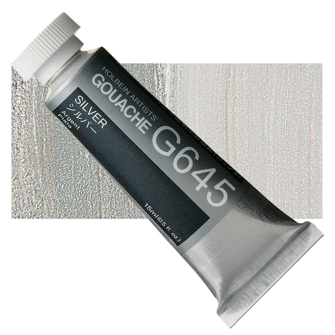 Open in modal - Holbein Artists' Gouache - Silver, 15 ml  tube and swatch