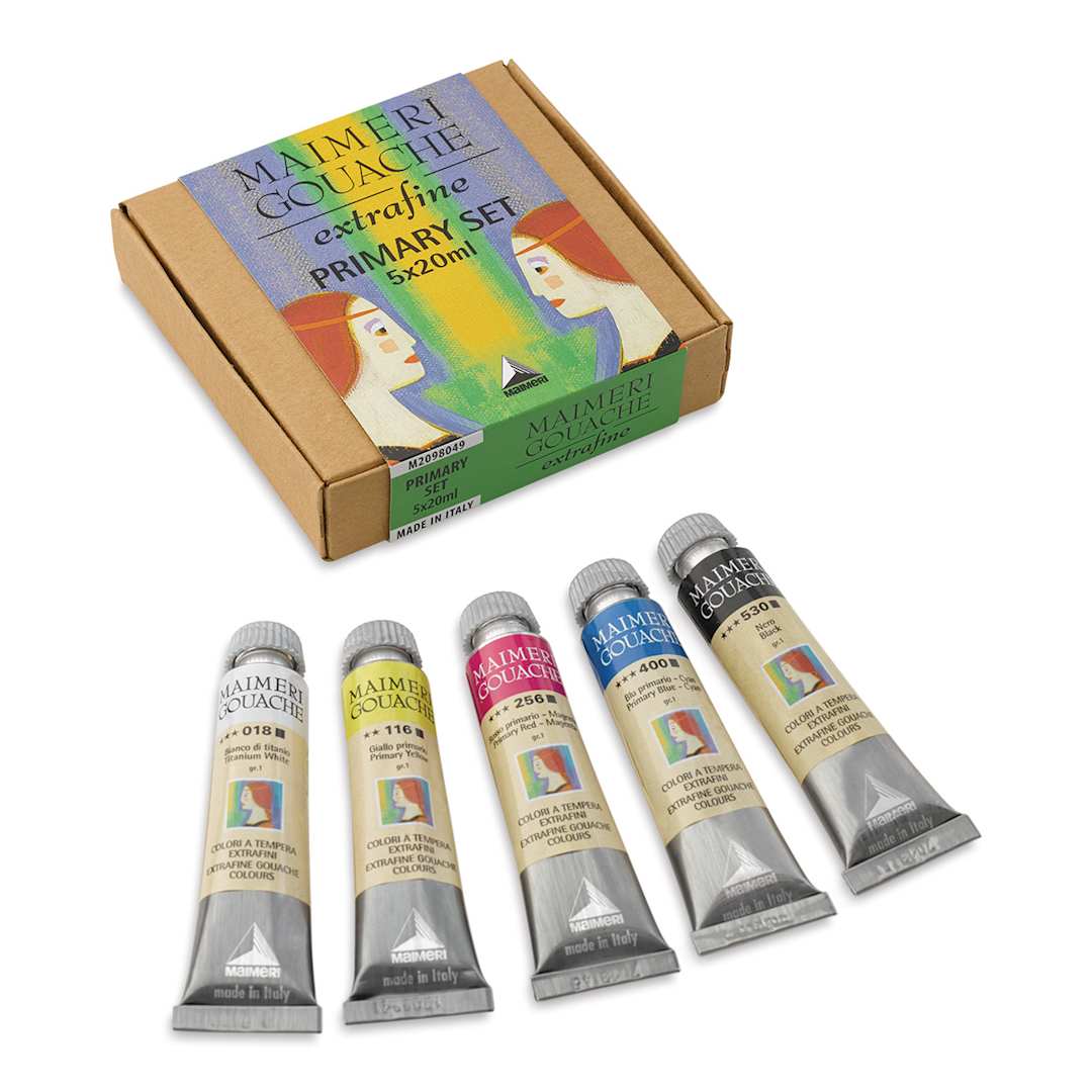 Open in modal - Maimeri Artist Gouache - Set of 5 Primary Color Set shown next to package