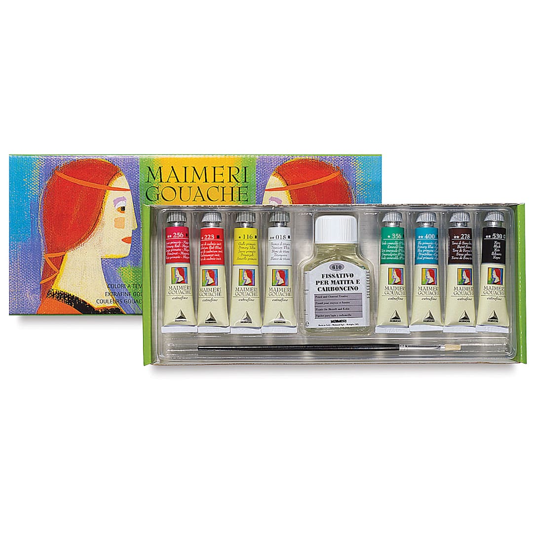 Open in modal - Maimeri Artist Gouache Intro Set - Open Set of 8 Colors with Tubes and fixative shown in tray