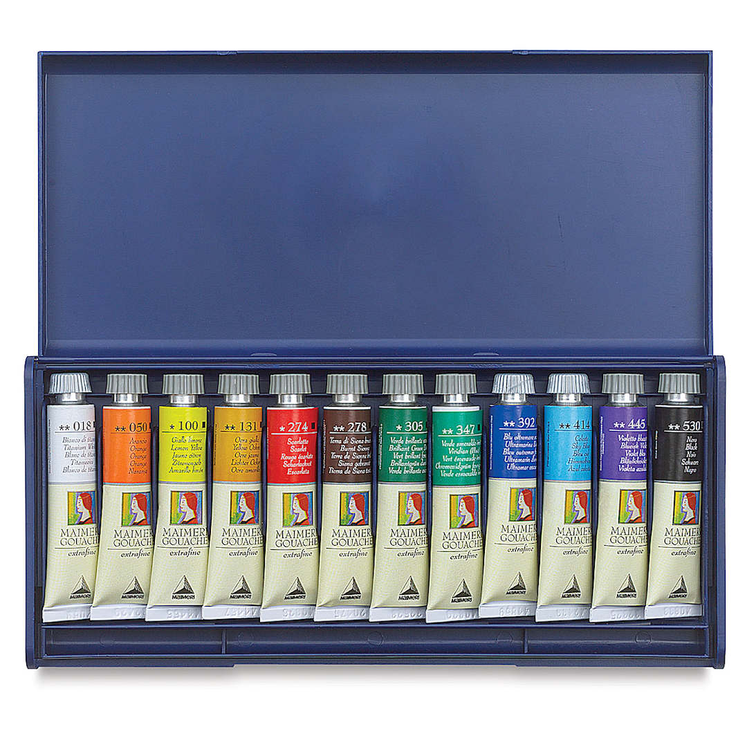 Open in modal - Maimeri Artist Gouache Plastic Box Set - Set of 12 Colors shown in open package