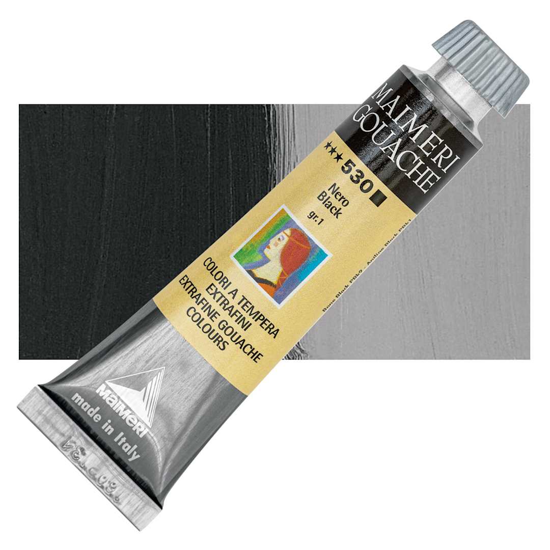 Open in modal - Maimeri Artist Gouache - Black, 20 ml tube and swatch