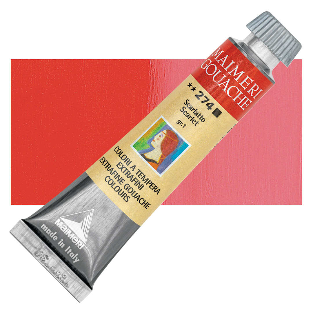 Open in modal - Maimeri Artist Gouache - Scarlet, 20 ml tube and swatch
