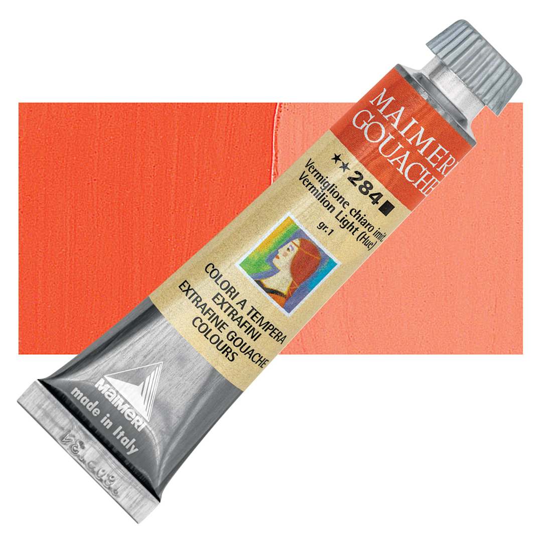 Open in modal - Maimeri Artist Gouache - Vermilion Light Hue, 20 ml tube and swatch