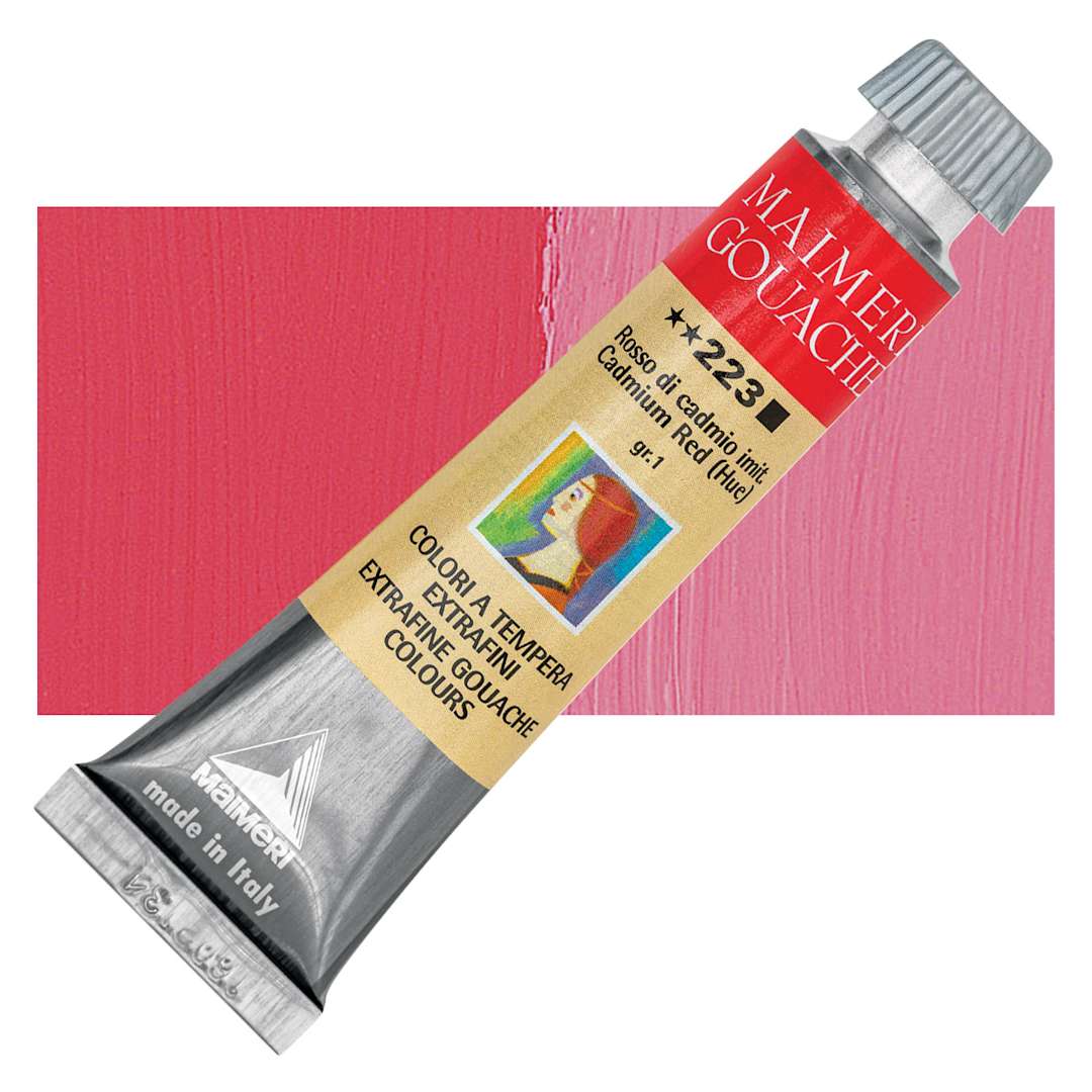 Open in modal - Maimeri Artist Gouache - Cadmium Red Hue, 20 ml tube and swatch