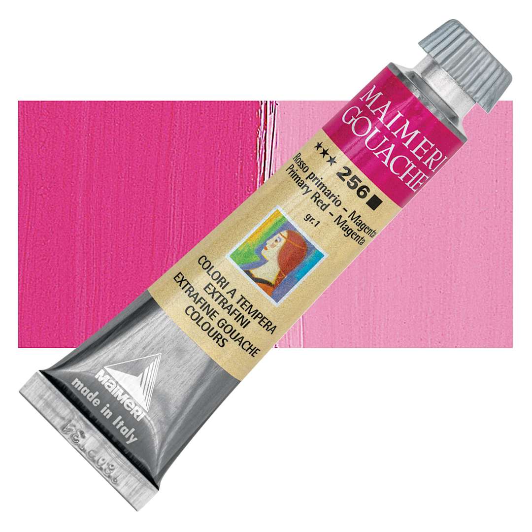 Open in modal - Maimeri Artist Gouache - Primary Red - Magenta, 20 ml tube and swatch