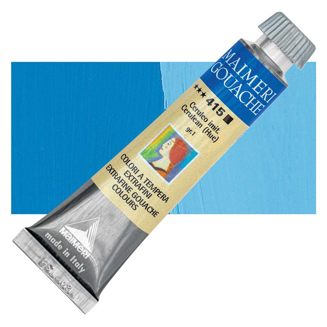 Open in modal - Maimeri Artist Gouache - Cerulean Blue Hue, 20 ml tube and swatch