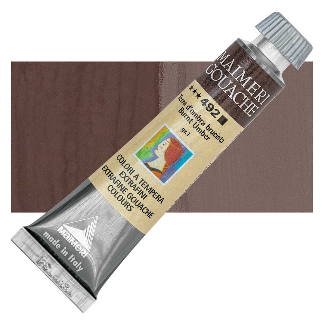 Open in modal - Maimeri Artist Gouache - Burnt Umber, 20 ml tube and swatch