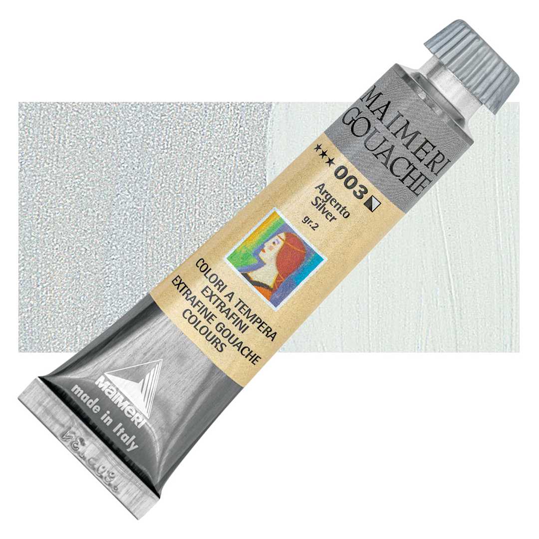 Open in modal - Maimeri Artist Gouache - Silver, 20 ml tube and swatch