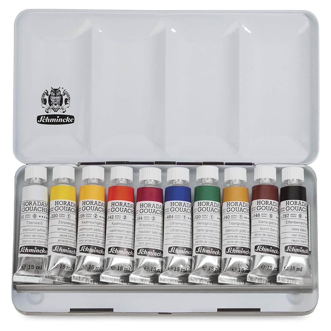 Open in modal - Schmincke Horadam Artist Gouache - Set of 10 tubes shown in open metal container