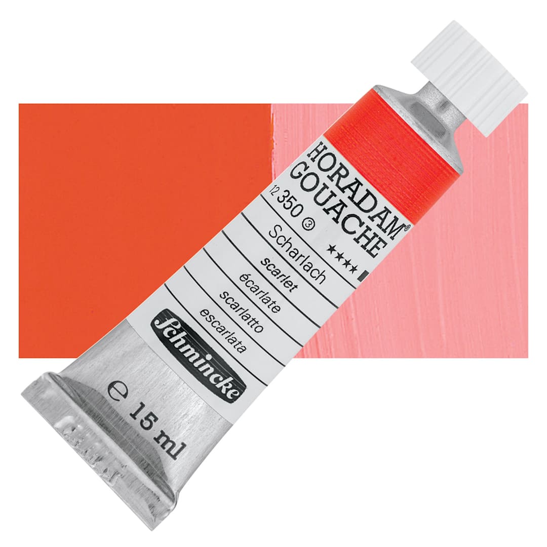 Open in modal - Schmincke Horadam Artist Gouache - Scarlet, 15 ml tube and swatch