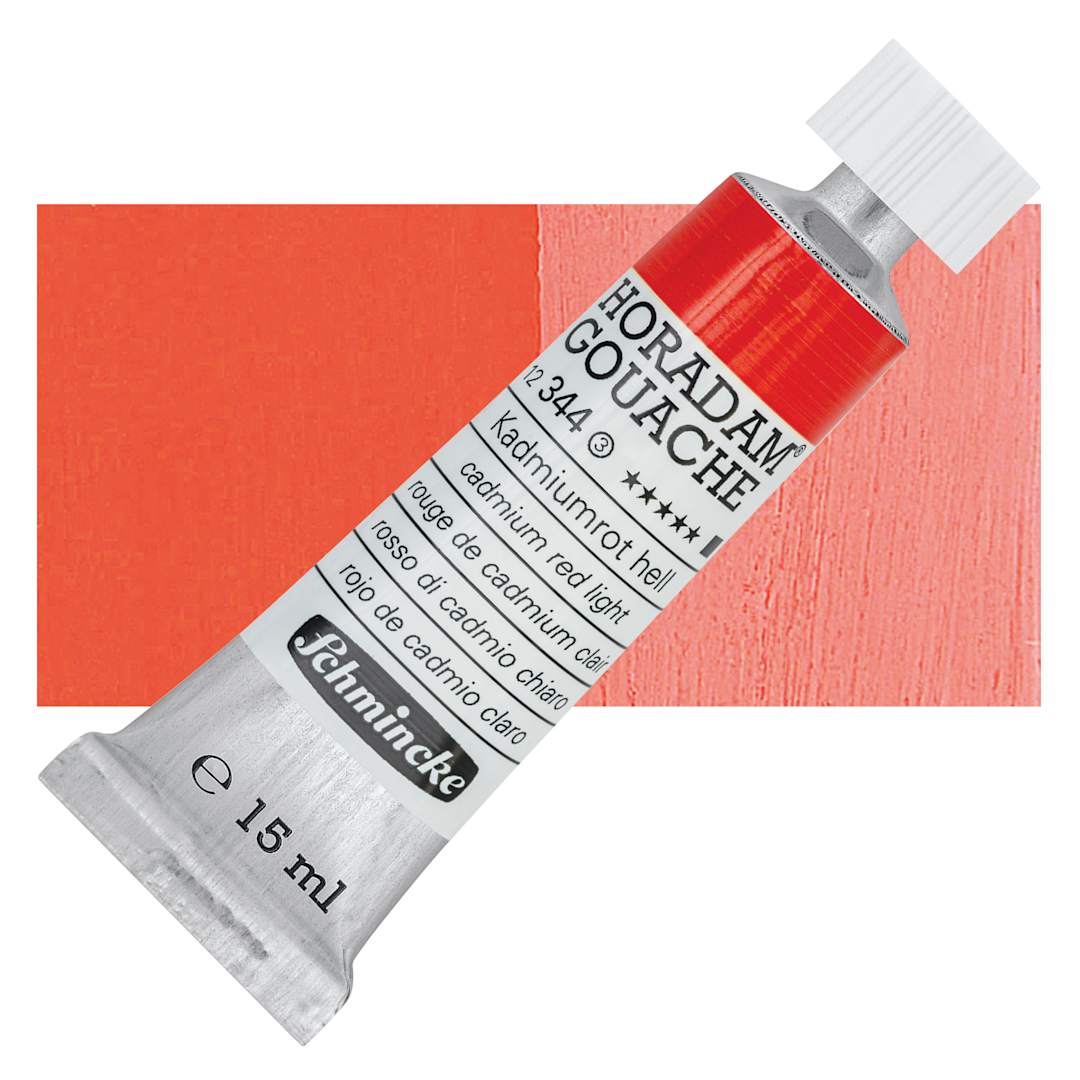 Open in modal - Schmincke Horadam Artist Gouache - Cadmium Red Light, 15 ml tube and swatch