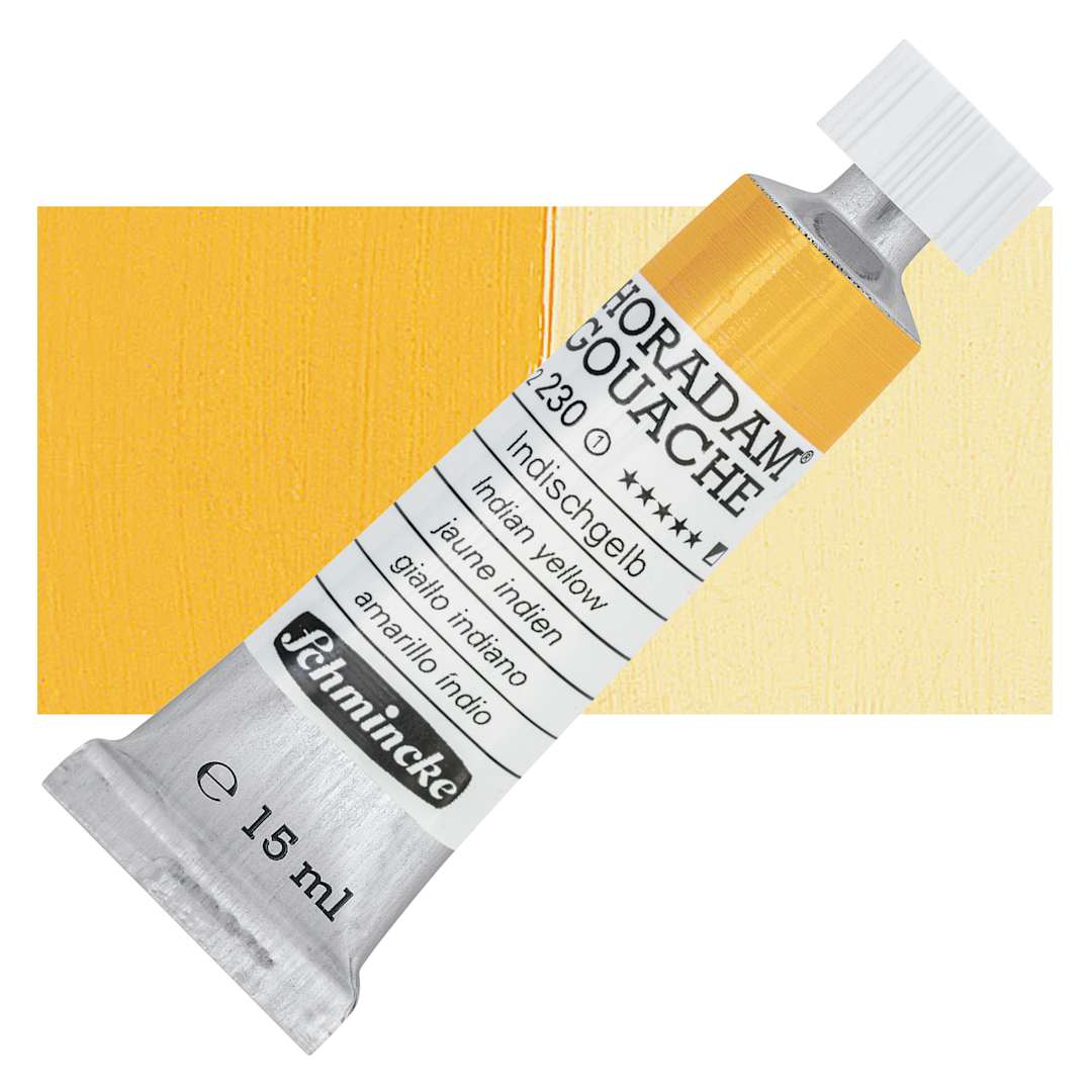 Open in modal - Schmincke Horadam Artist Gouache - Indian Yellow, 15 ml tube and swatch