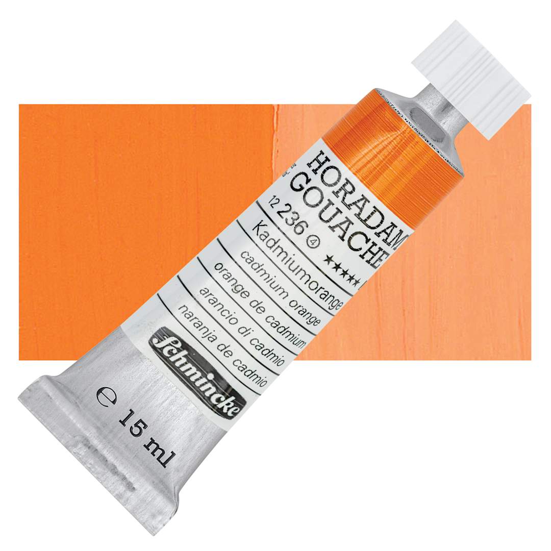 Open in modal - Schmincke Horadam Artist Gouache - Cadmium Orange, 15 ml tube and swatch