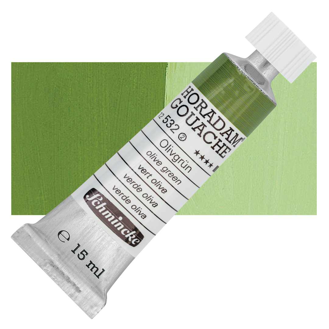 Open in modal - Schmincke Horadam Artist Gouache - Olive Green, 15 ml tube and swatch
