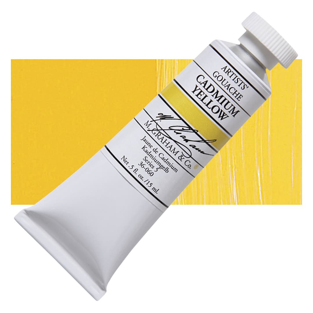 Open in modal - M. Graham Artists' Gouache - Cadmium Yellow, 15 ml tube and swatch
