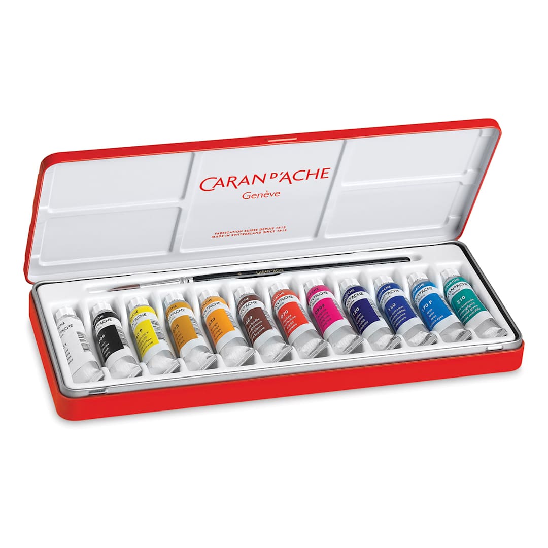 Open in modal - Caran d'Ache Gouache Studio Set - Set of 12 with Brush, 10 ml Tubes, Open view