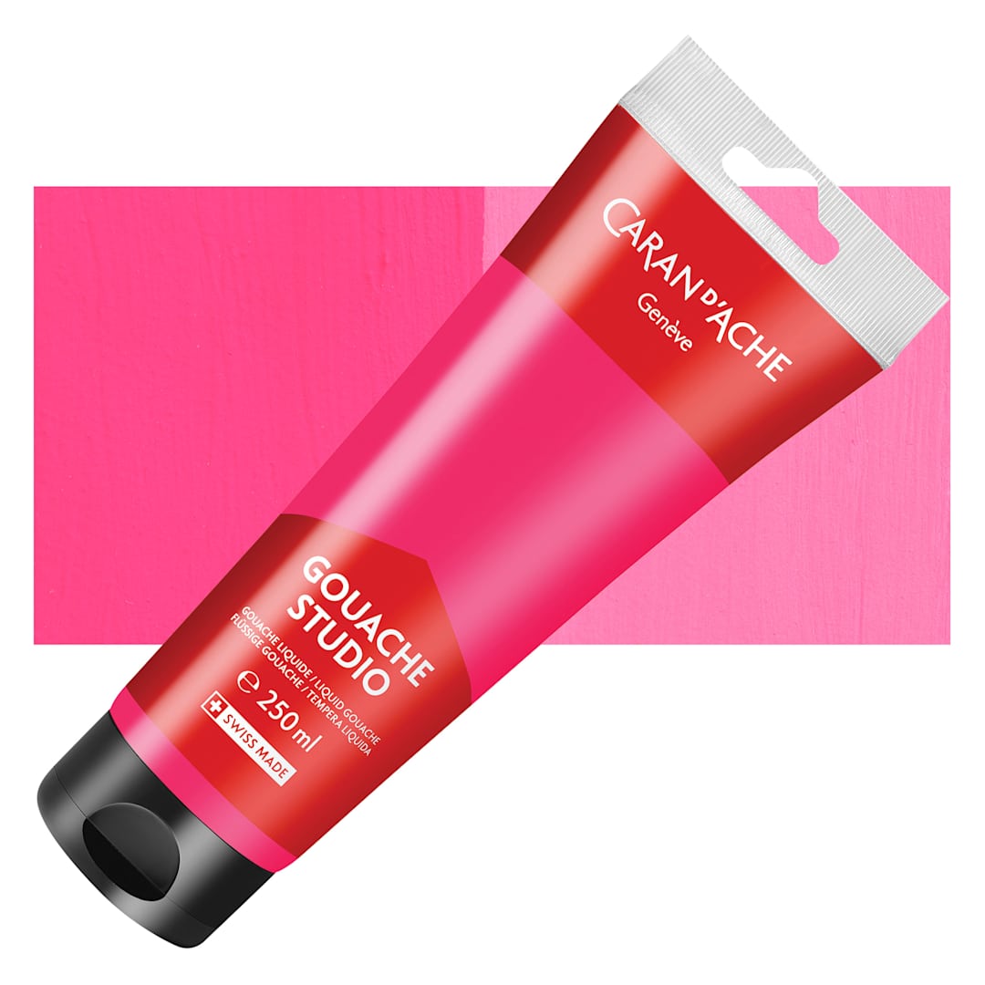 Open in modal - Caran d'Ache Studio Gouache - Fluorescent Magenta, 250 ml Tube and Swatch