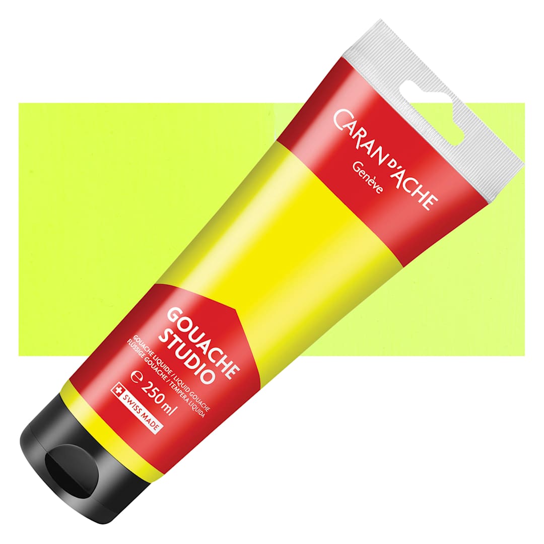 Open in modal - Caran d'Ache Studio Gouache - Fluorescent Lemon Yellow, 250 ml Tube and Swatch