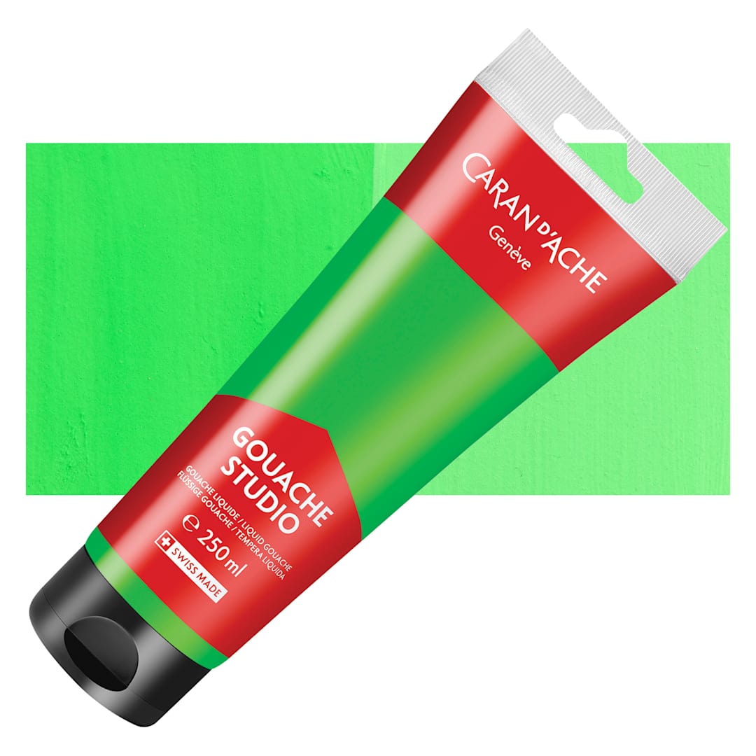Open in modal - Caran d'Ache Studio Gouache - Fluorescent Yellow Green, 250 ml Tube and swatch