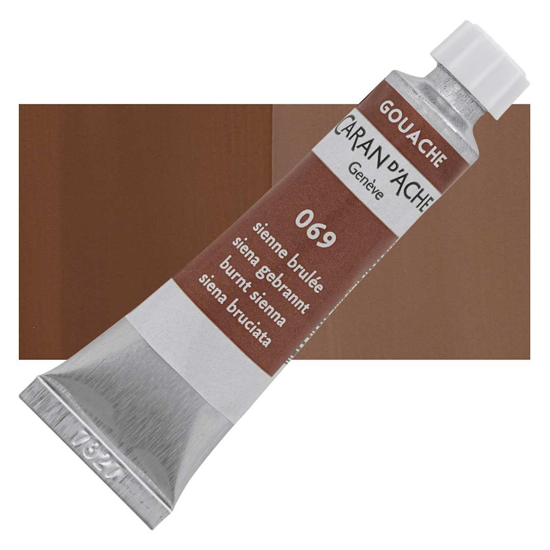 Open in modal - Caran d'Ache Gouache Studio Tube - Burnt Sienna, 10 ml, Tube and swatch