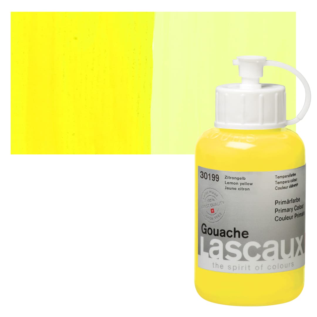 Open in modal - Lascaux Acrylic Gouache - Primary Yellow, 85 ml bottle and swatch