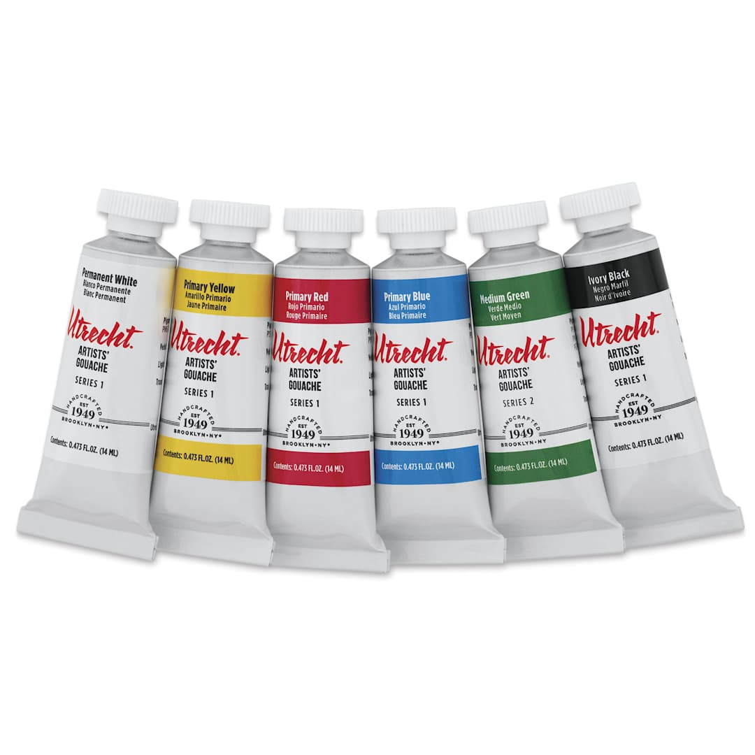 Open in modal - Utrecht Artists' Gouache - Introductory Set of 6, 14 ml Tubes, tubes lined up