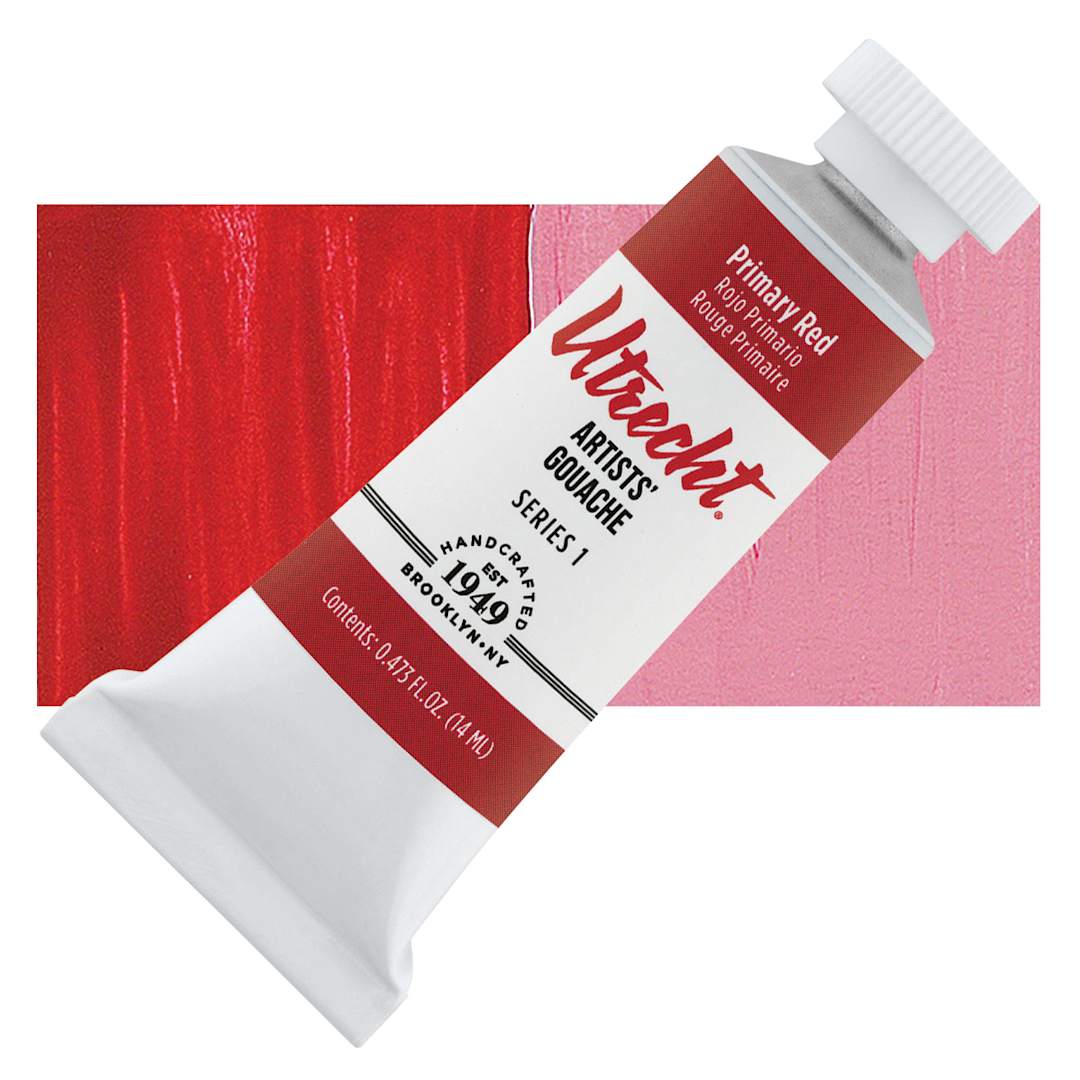 Open in modal - Utrecht Artists' Gouache - Primary Red, 14 ml tube and swatch