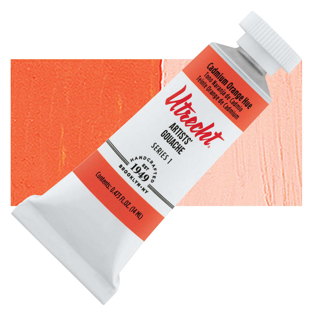 Open in modal - Utrecht Artists' Gouache - Cadmium Orange Hue, 14 ml tube and swatch