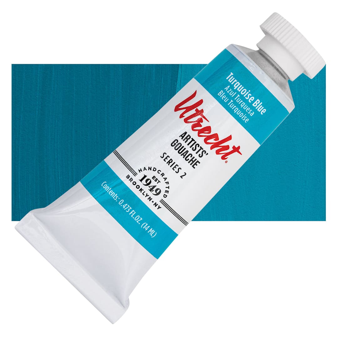 Open in modal - Utrecht Artists' Gouache - Turquoise Blue, 14 ml tube and swatch