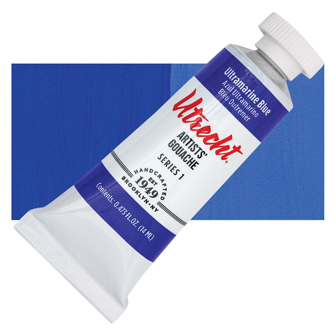 Open in modal - Utrecht Artists' Gouache - Ultramarine Blue, 14 ml tube and swatch